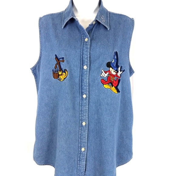 Disney Tops - Vintage 2000 Disney Mickey Fantasia Denim Shirt